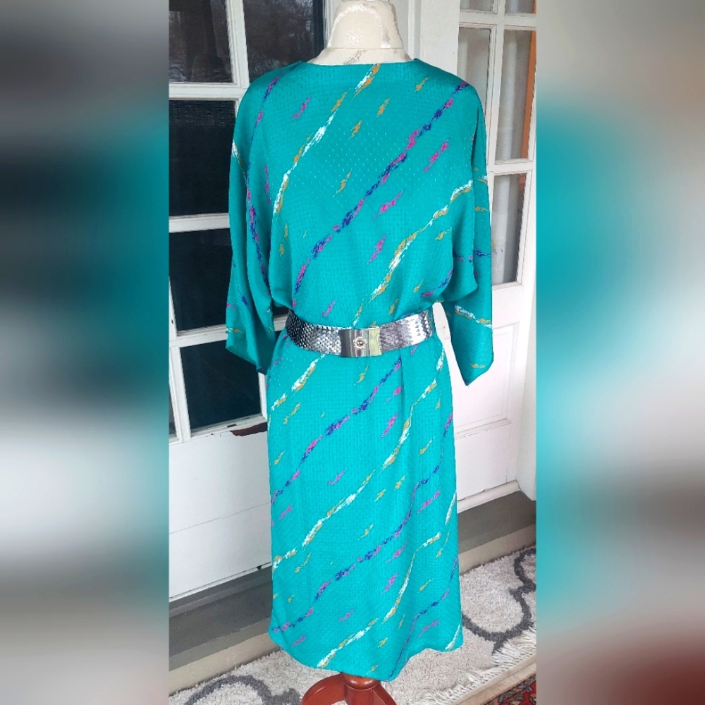 Vintage 80s Light Short Sleeve Paint Splatter Dress Teal Med/ Lg
